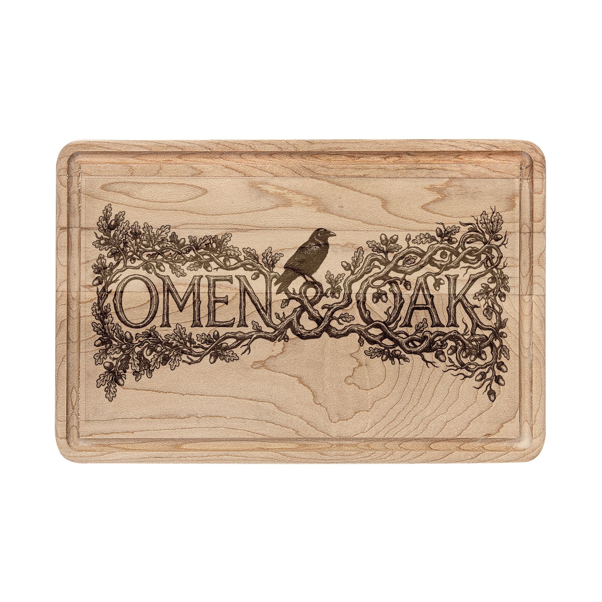 Omen & Oak Engraved Wooden Cutting Board — Rustic Bird & Branch Charcuterie Board