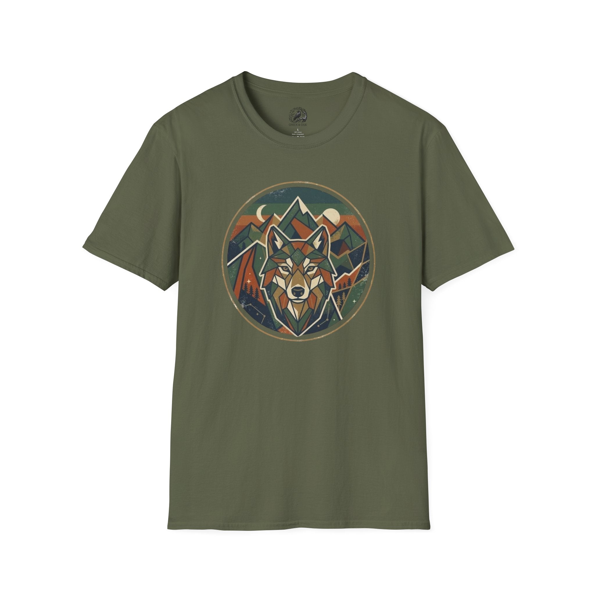 Wolf Mountain Circle T-Shirt — Retro Geometric Nature Graphic
