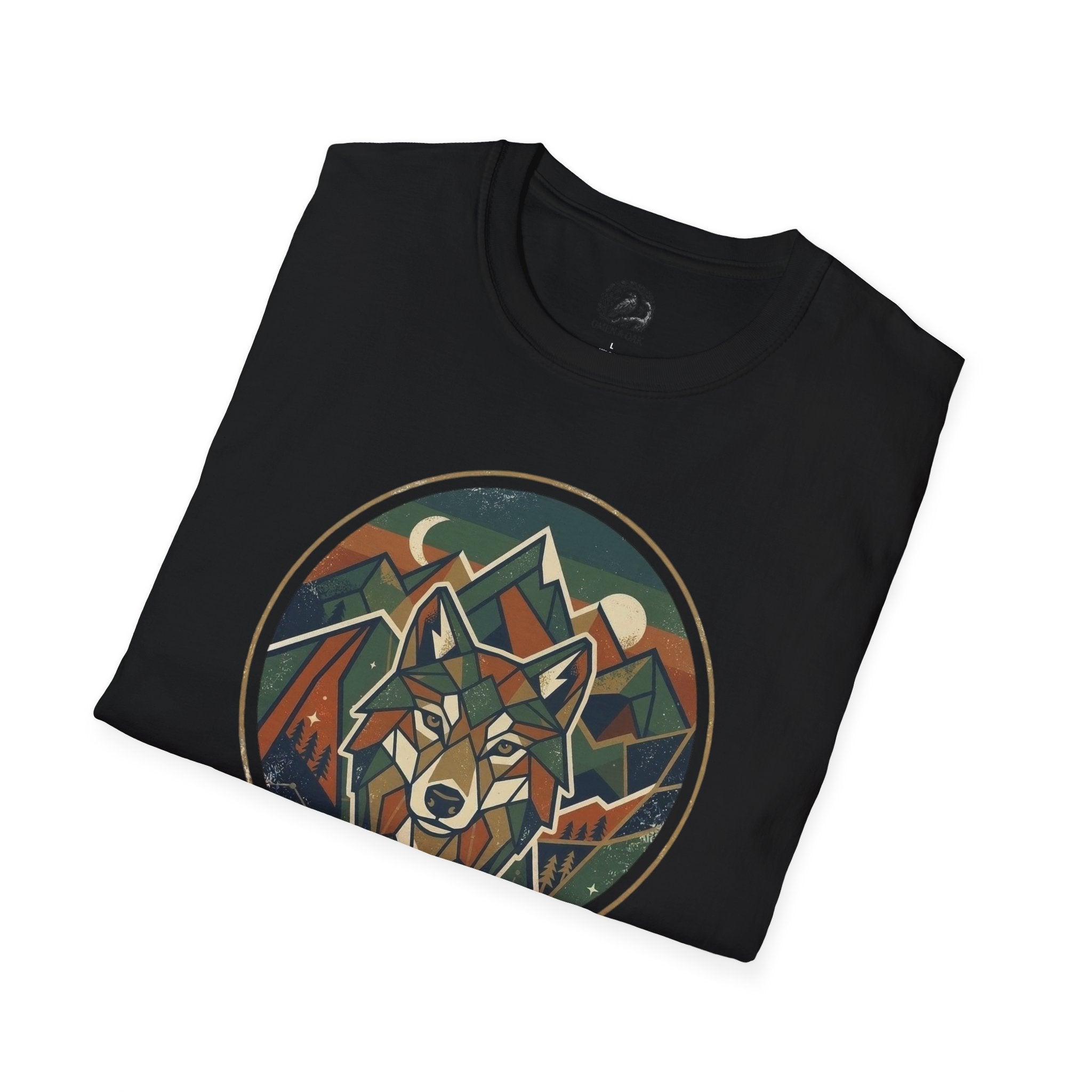Wolf Mountain Circle T-Shirt — Retro Geometric Nature Graphic