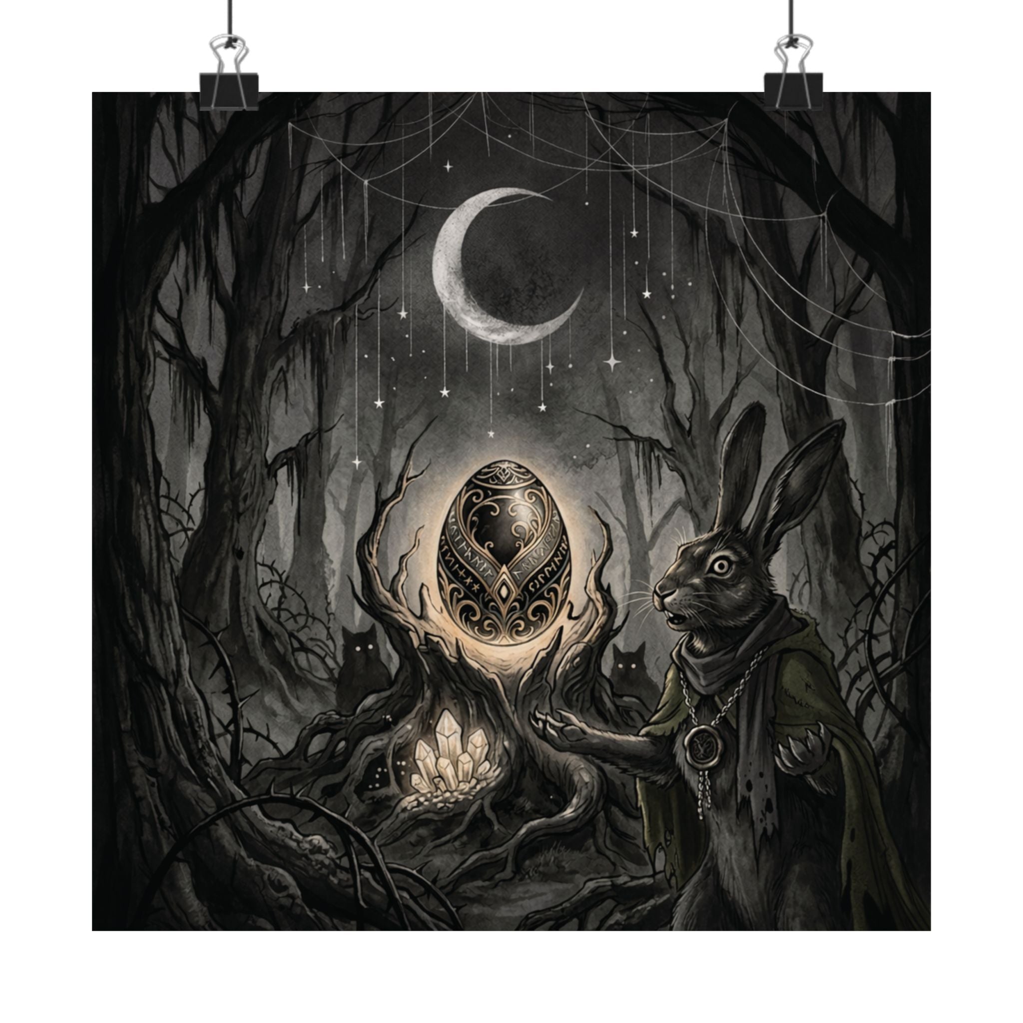 Mystic Rabbit Moon Poster — Gothic Forest Egg Art Print