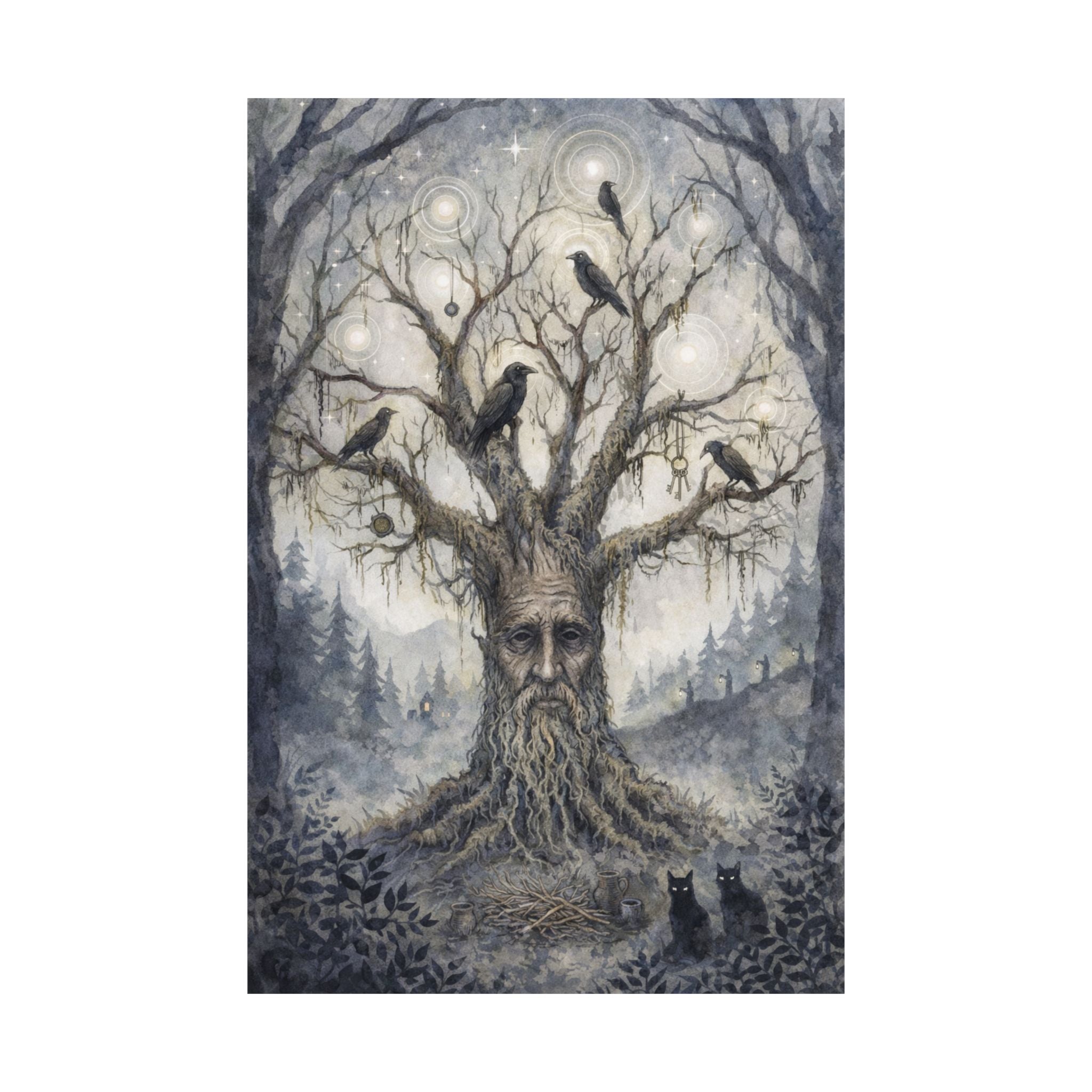 Enchanted Forest Tree Spirit Poster — Matte Vertical Wall Art with Ravens