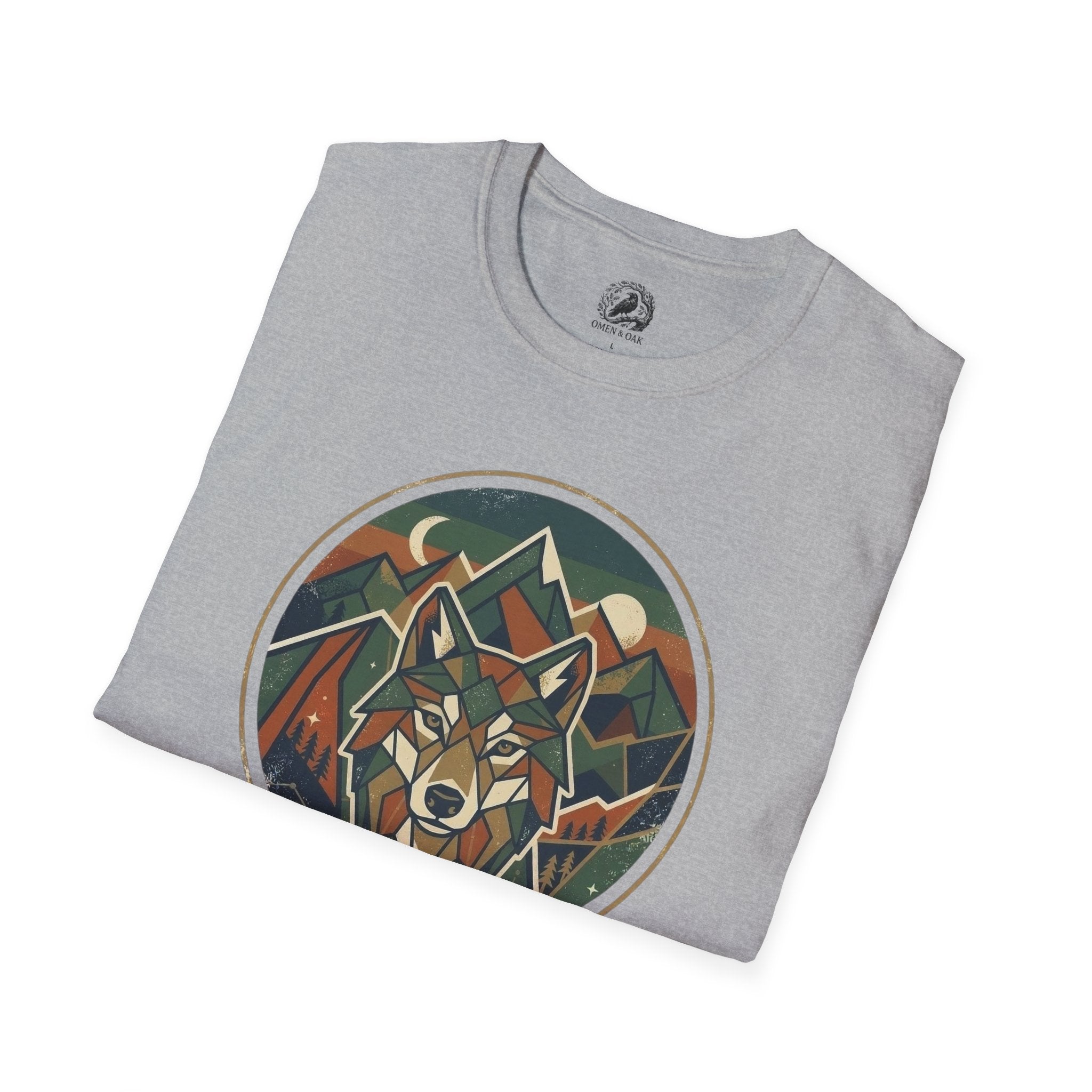Wolf Mountain Circle T-Shirt — Retro Geometric Nature Graphic