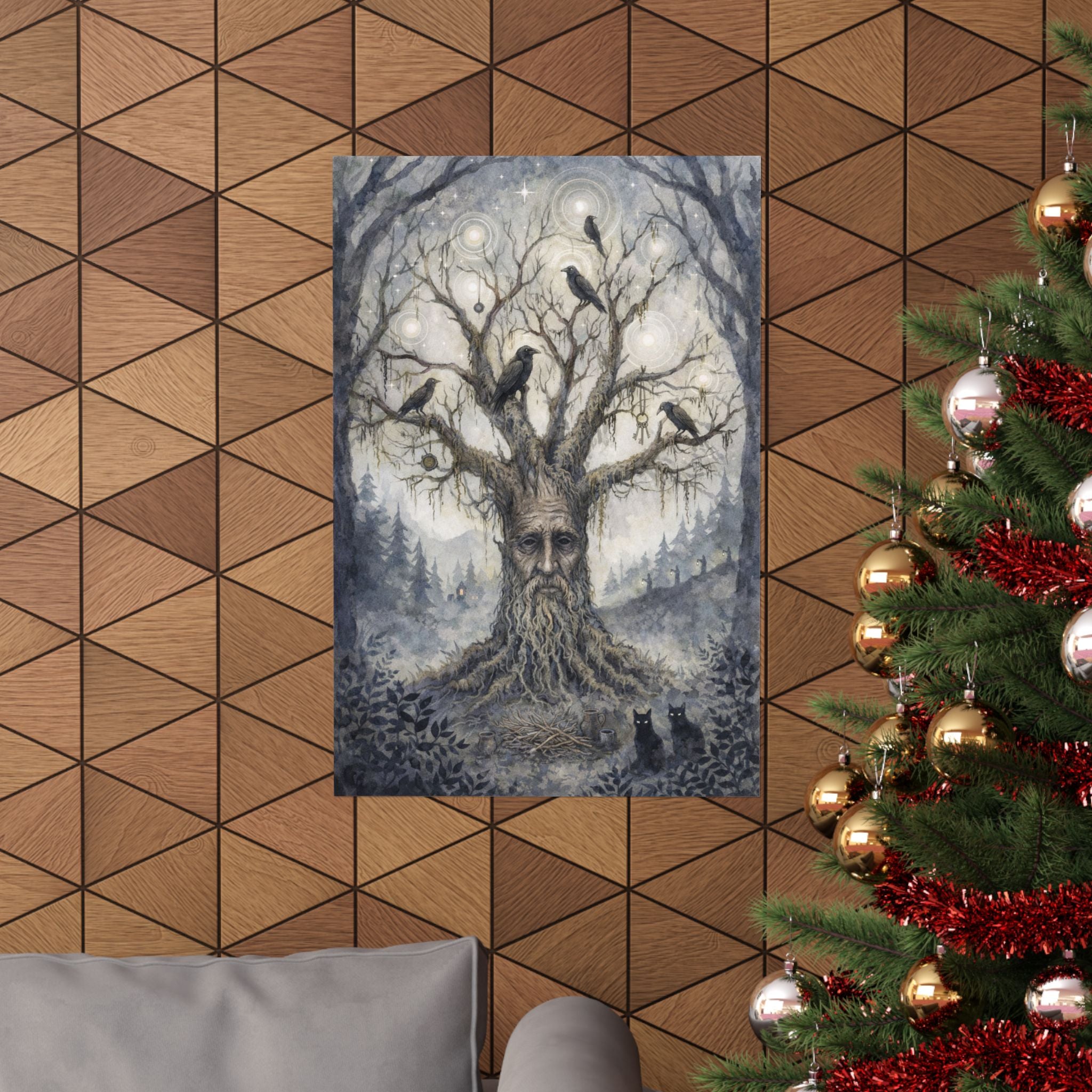 Enchanted Forest Tree Spirit Poster — Matte Vertical Wall Art with Ravens