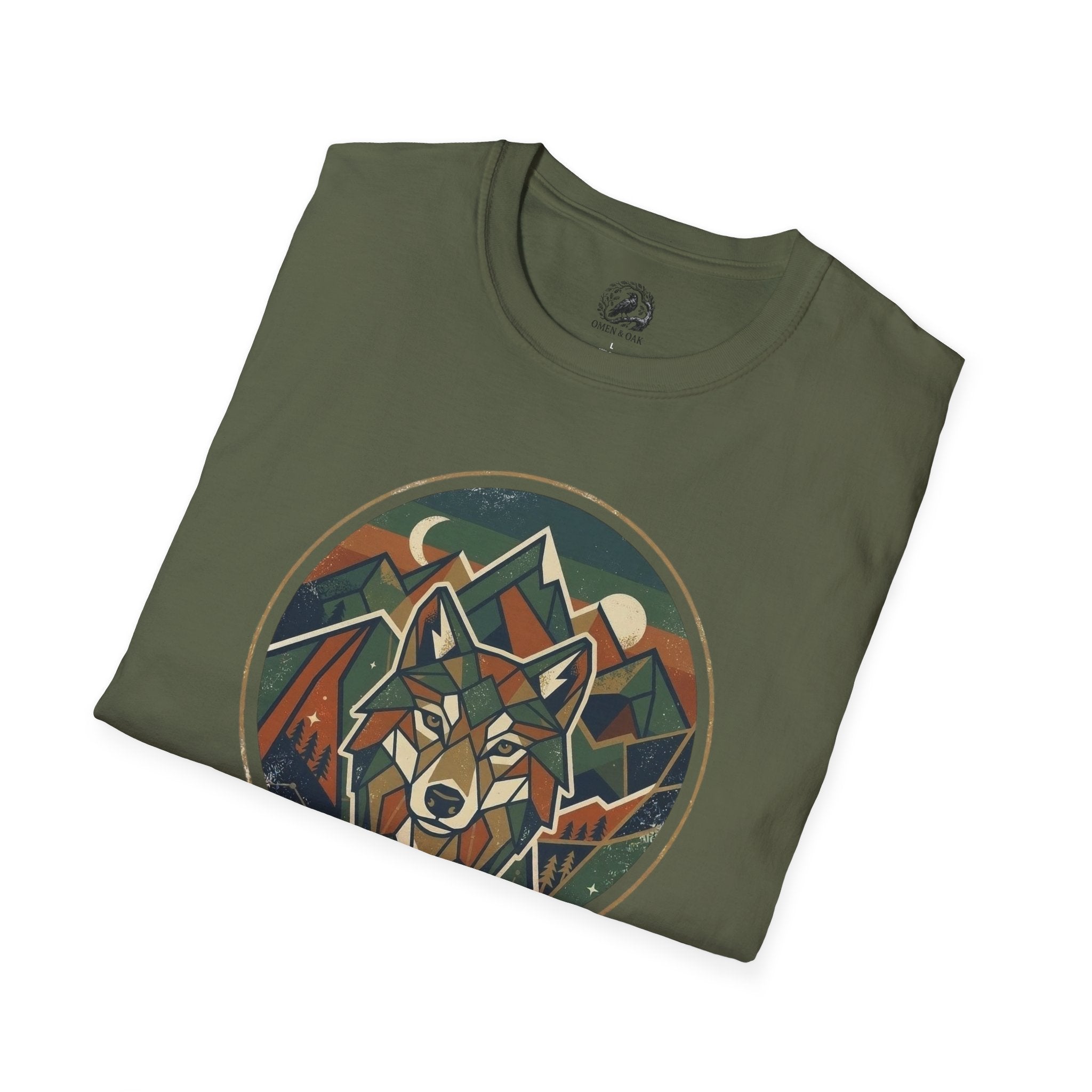 Wolf Mountain Circle T-Shirt — Retro Geometric Nature Graphic
