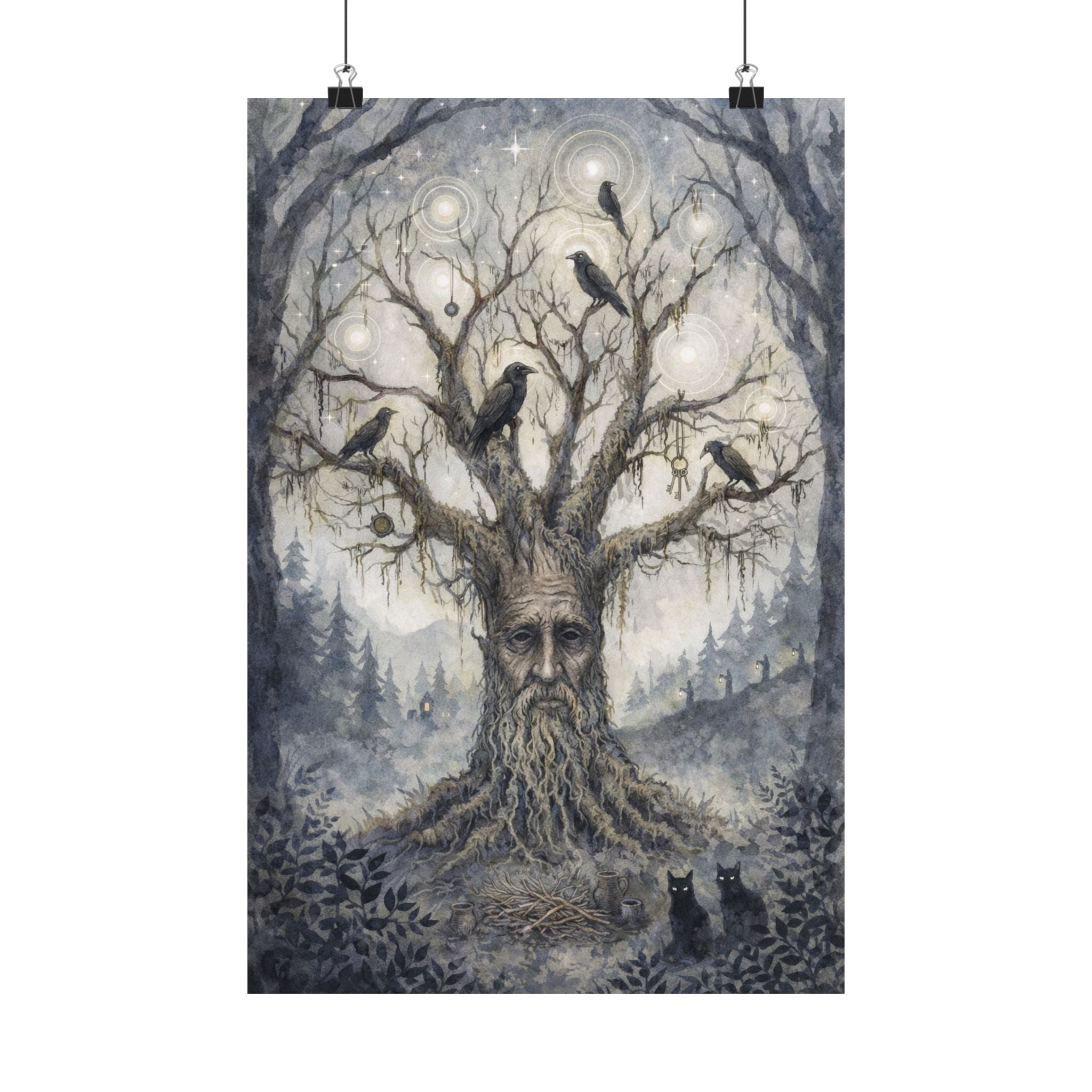 Enchanted Forest Tree Spirit Poster — Matte Vertical Wall Art with Ravens