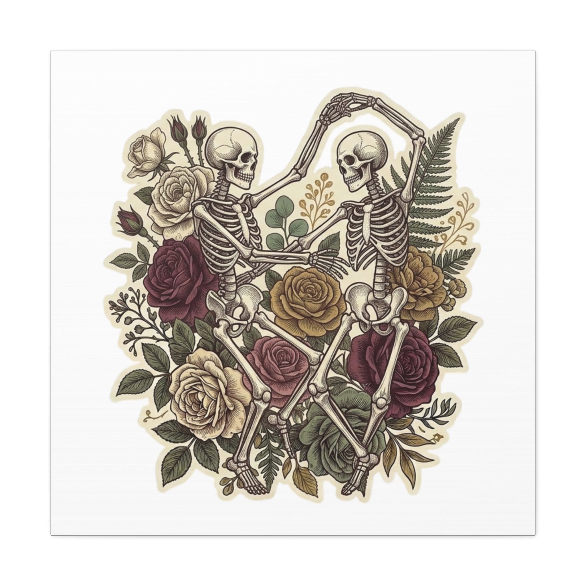 Dancing Skeletons Floral Canvas Art — Gothic Romantic Wall Decor