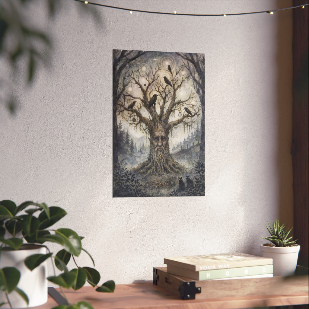 Enchanted Forest Tree Spirit Poster — Matte Vertical Wall Art with Ravens