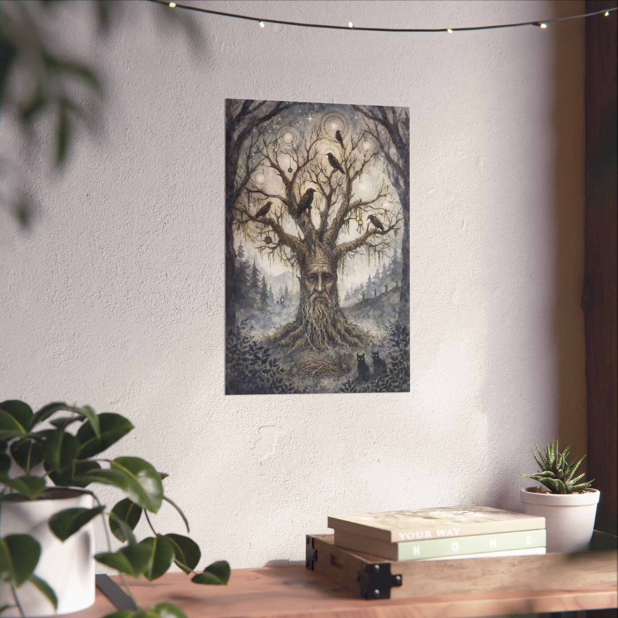 Enchanted Forest Tree Spirit Poster — Matte Vertical Wall Art with Ravens
