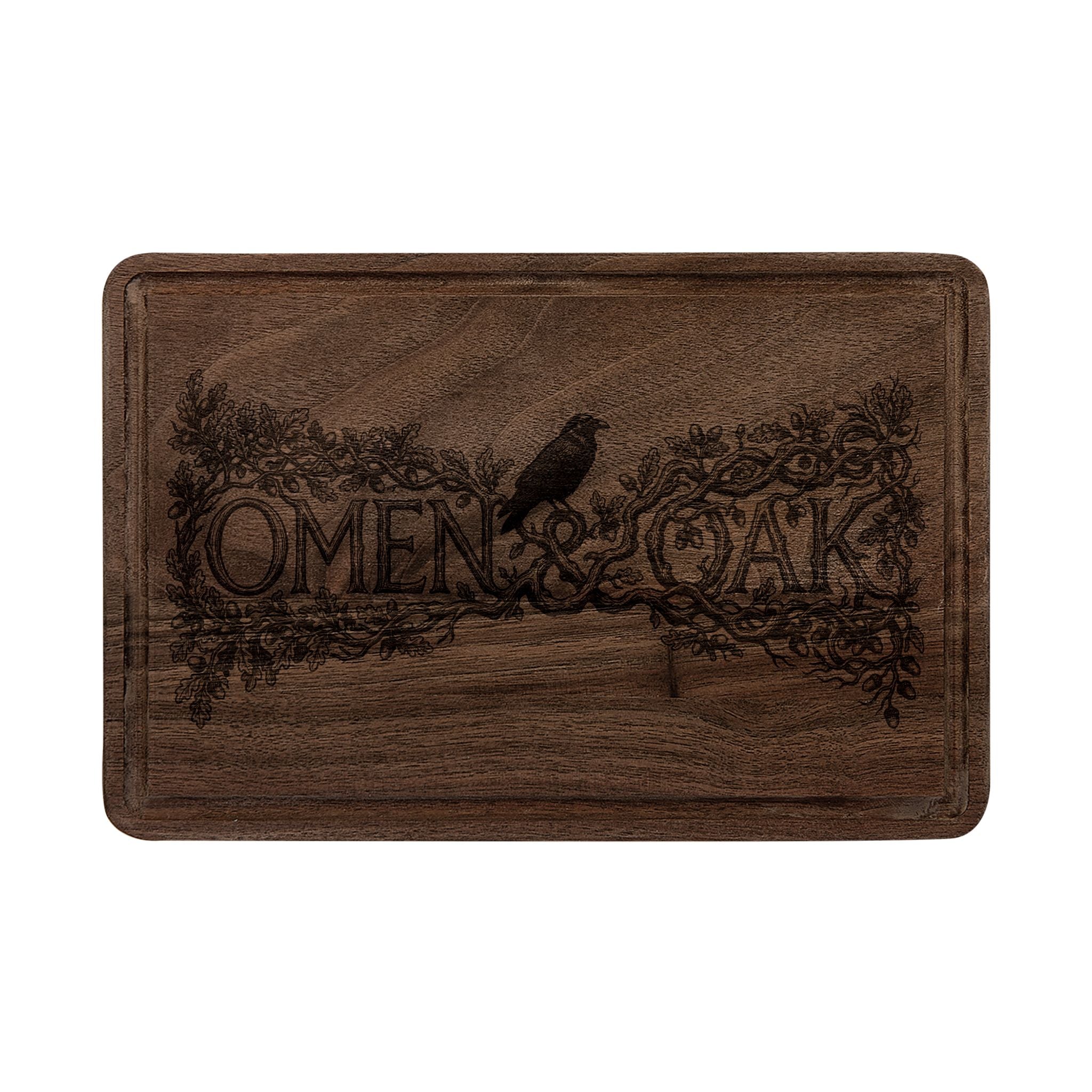 Omen & Oak Engraved Wooden Cutting Board — Rustic Bird & Branch Charcuterie Board