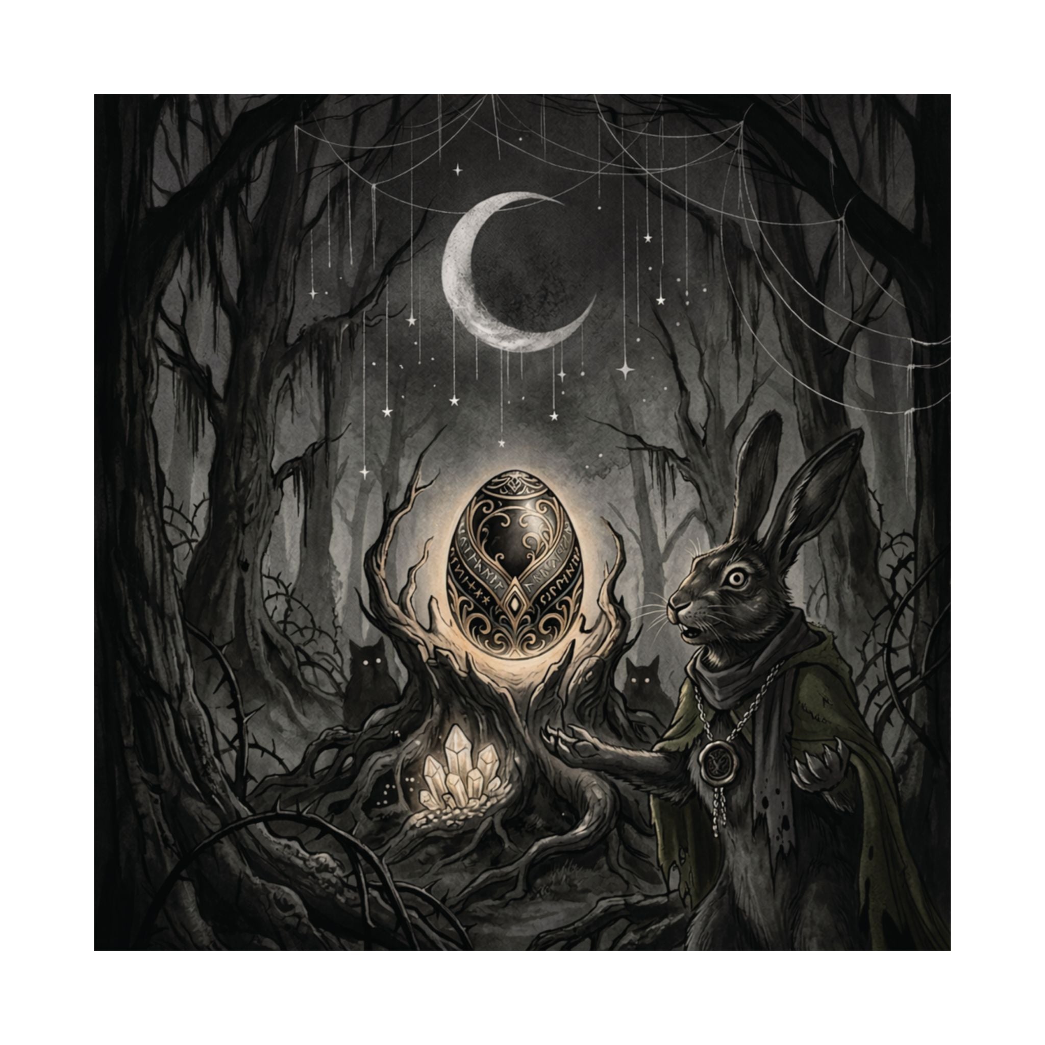 Mystic Rabbit Moon Poster — Gothic Forest Egg Art Print