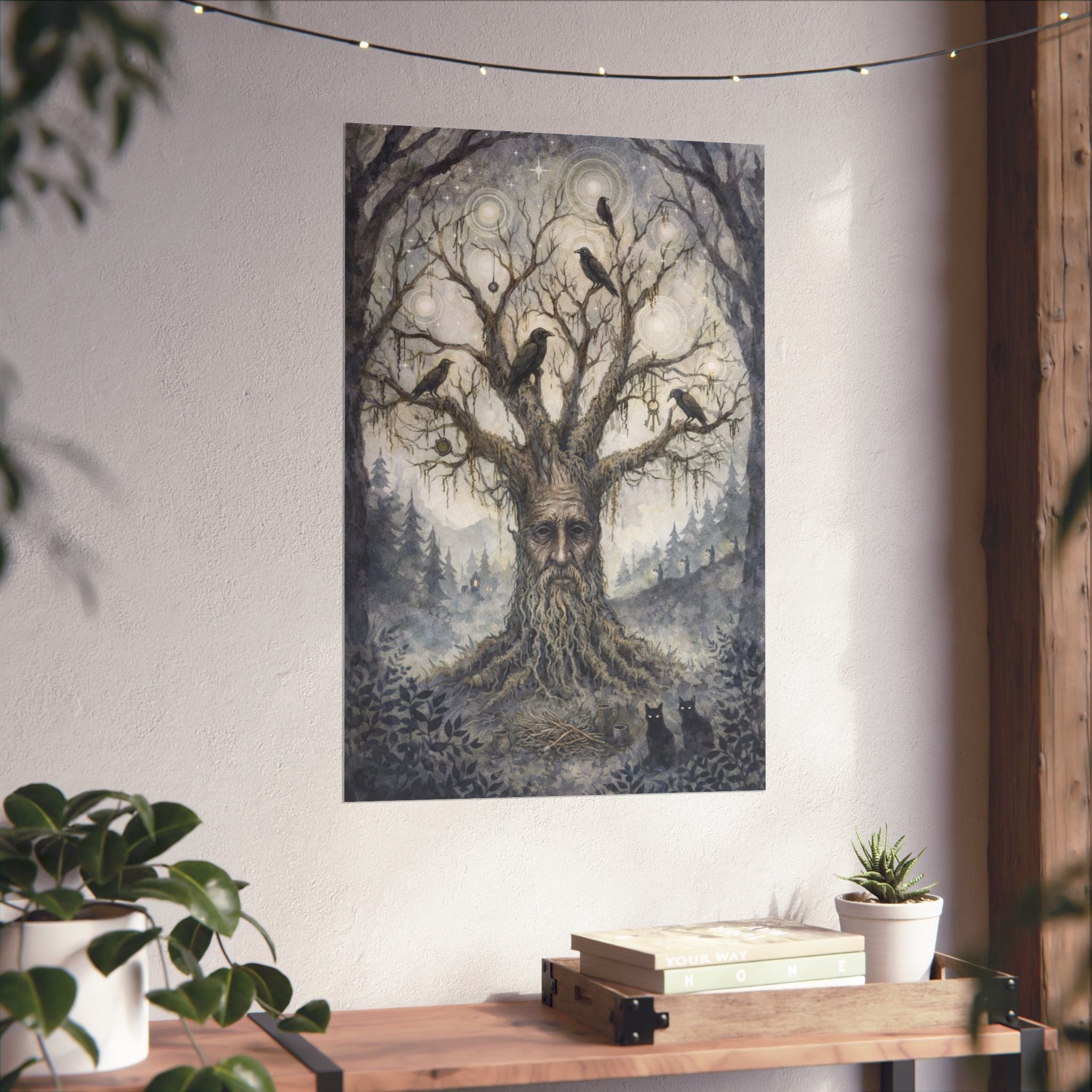Enchanted Forest Tree Spirit Poster — Matte Vertical Wall Art with Ravens