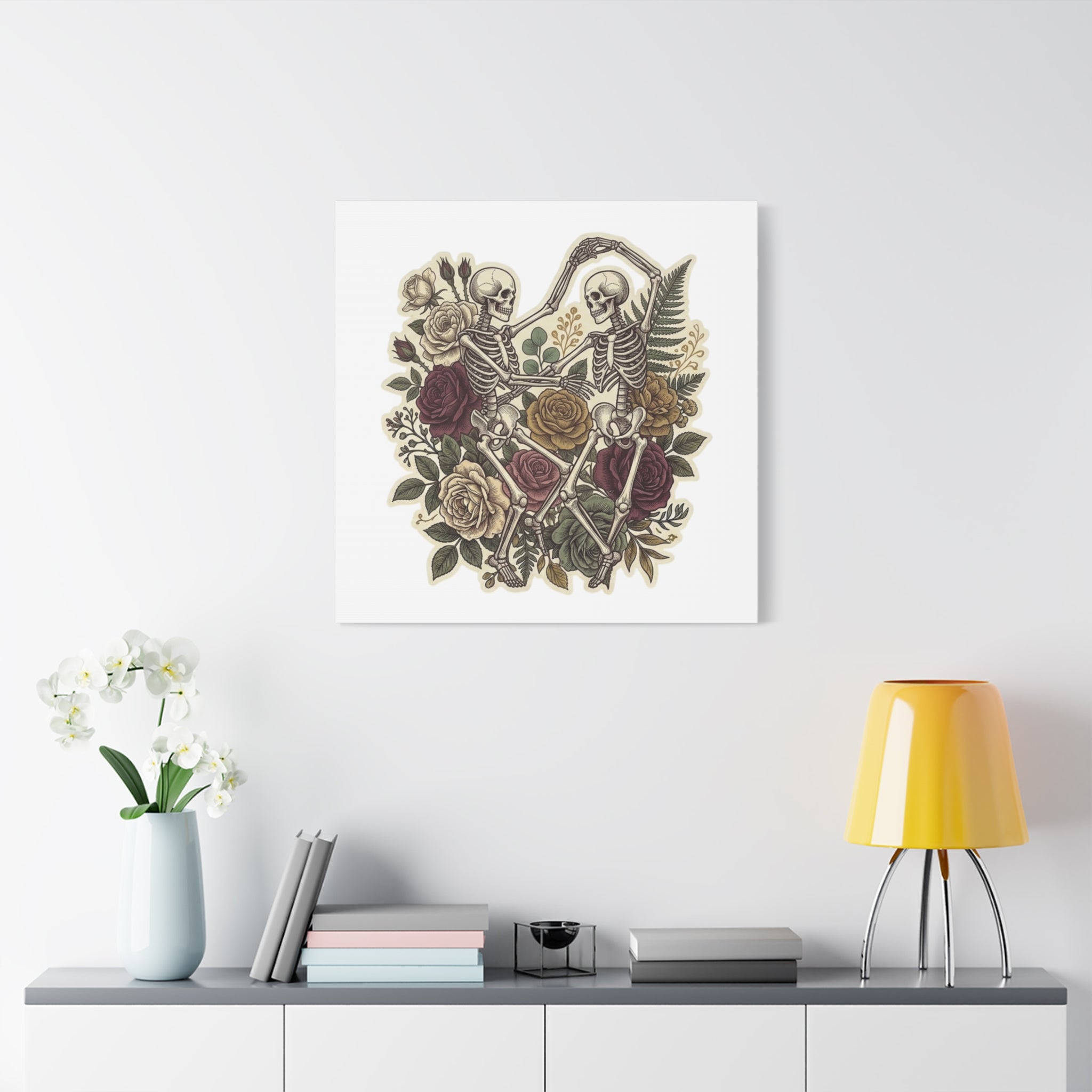 Dancing Skeletons Floral Canvas Art — Gothic Romantic Wall Decor