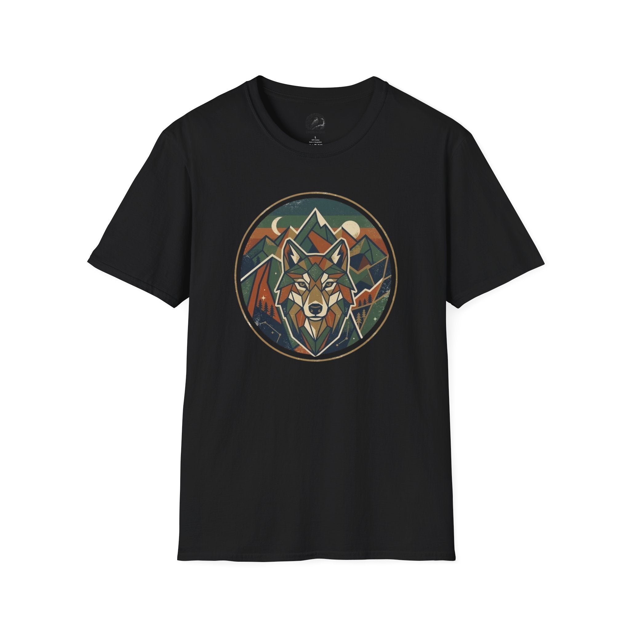Wolf Mountain Circle T-Shirt — Retro Geometric Nature Graphic