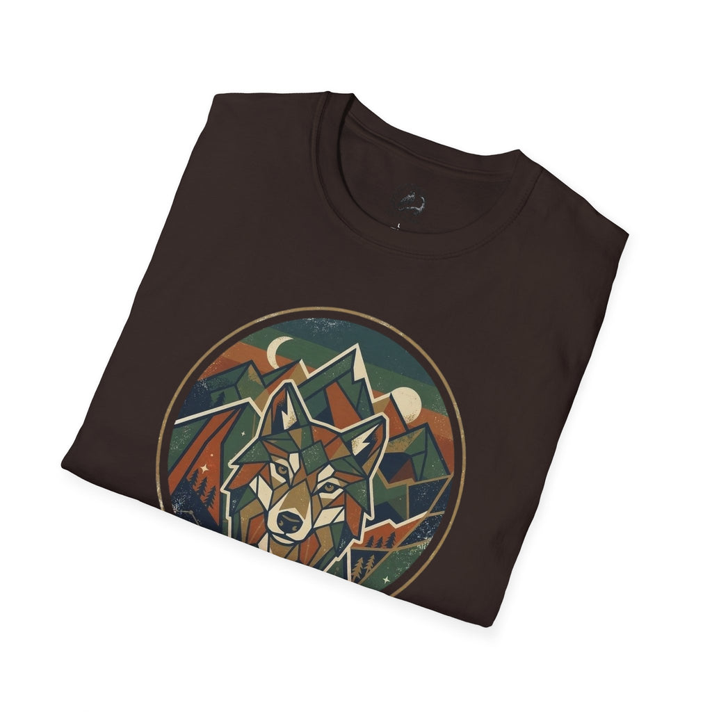 Wolf Mountain Circle T-Shirt — Retro Geometric Nature Graphic